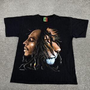 VTG Bob Marley Shirt Mens L Black Lion Dreadlocks Graphic Jamaica Reggae Music
